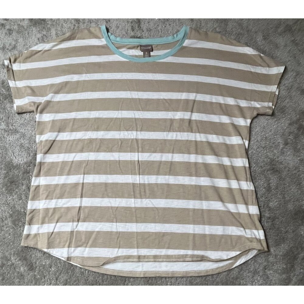 Chicos Striped Short Sleeve Top Sz 3 Beige White‎ Aqua Cap sleeve Nautical US XL